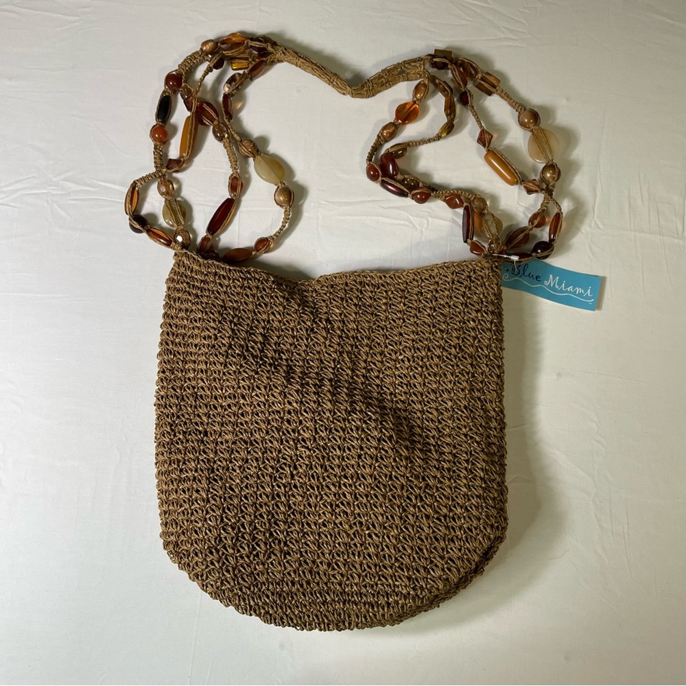 Blue Miami Macrame Straw Crochet Boho Chic Beach Shoulder Bag Faux Gemstones NEW